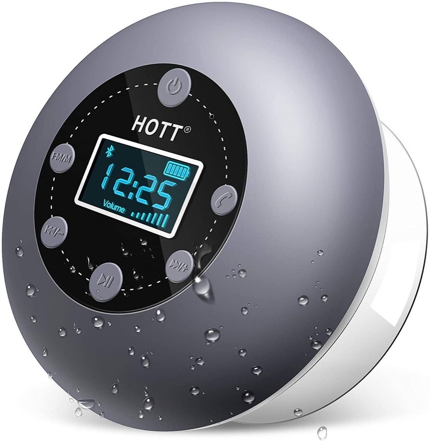 Shower Speaker, Bluetooth 5.0 Shower Speaker Water Resistant with LCD Clock Display, Loud HD Sound, Suction Cup, Shower Radio with 10H Playtime, FM, SD Card, Microphone for iPhone iPad Samsung