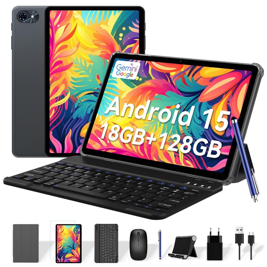 TABWEE Tablets, Android 15 Tablet 10 Inch T80, 2025 New Electronics Tablets with Keyboard 18GB+128GB/2TB, 10 Inch Tablet with Pen, 6000mAh, 1080P, 5G WiFi, Bluetooth5.0, GPS, OTG, 2 Speaker